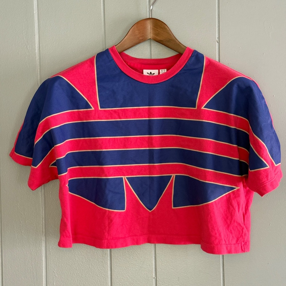 Adidas Originals Big Trefoil Crop Tee Pink Blue Color Block Retro Sport XS/S